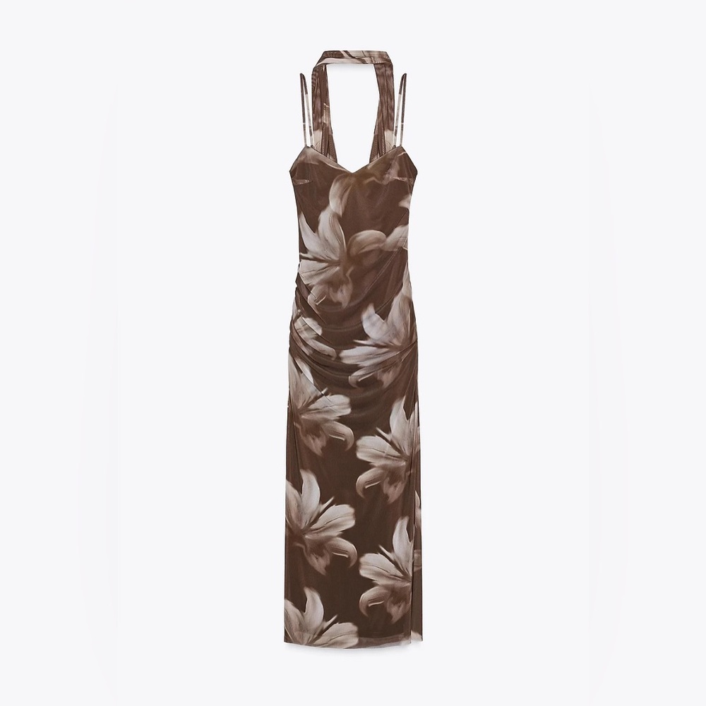 🆕(NWT) ZARA Bloggers Fav Tulle Print Midi Dress with Foulard Scarf. Size MEDIUM - Picture 11 of 15